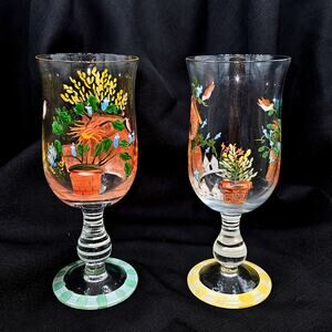 Vintage Lot 2 Hand-Painted Birdhouse Flowers Wine Water Glasses 8" Tall READ